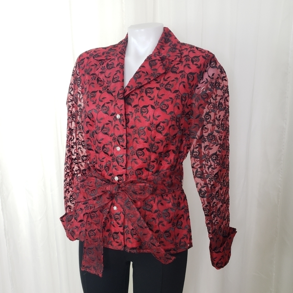 MSK red button down top/jacket black floral embroidery sheer sleeves size 8
